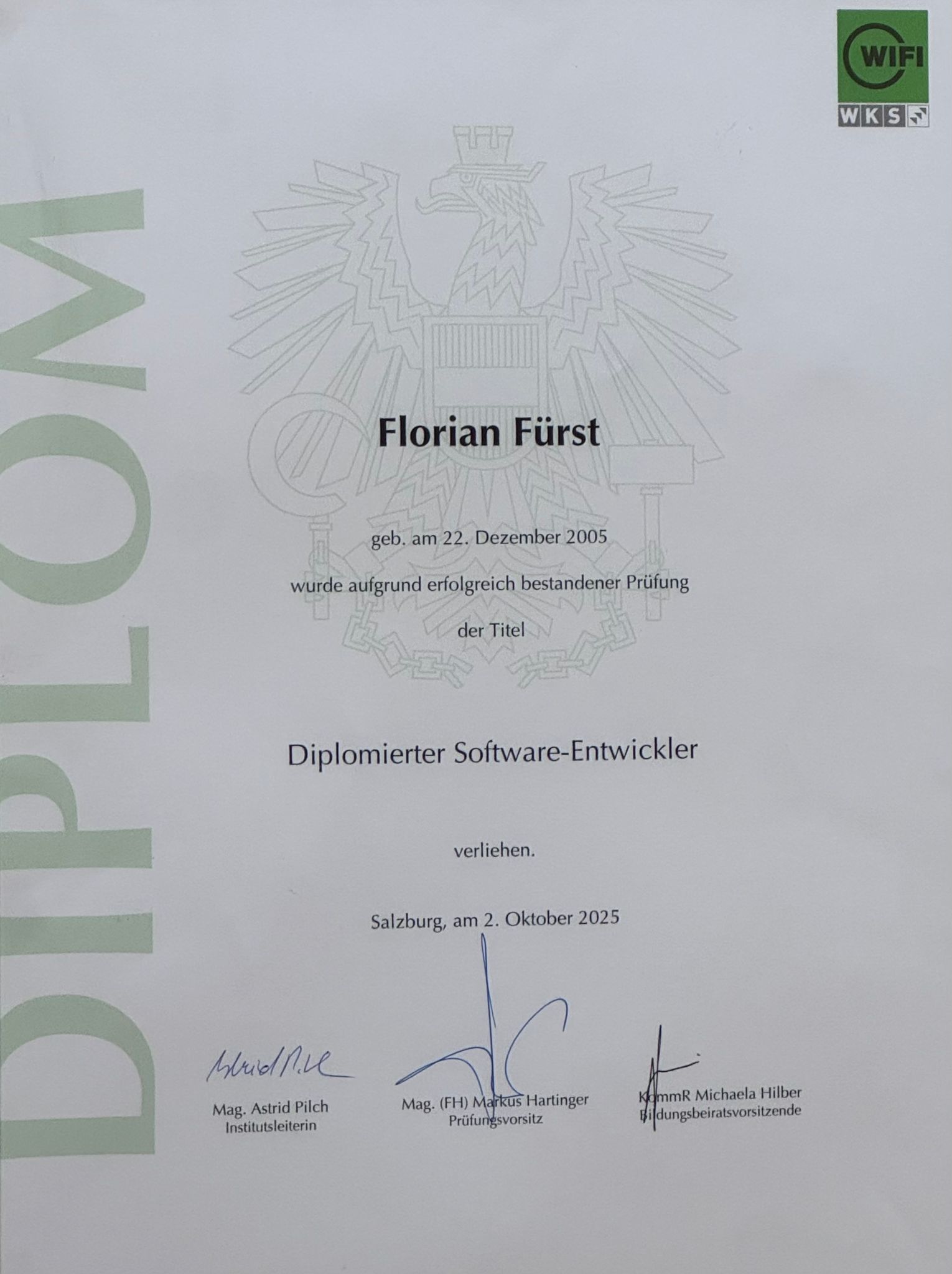 Diplomierter Softwareentwickler – Diplomurkunde